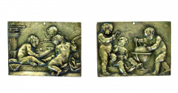 1166.  “Alegoria de las artes”, dos placas de bronce dorado, S. XIX.