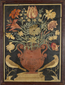 1501.  Jarrón de flores, escayola policromada sobre pizarra.Trabajo italiano, S. XVII - XVIII..