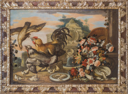 894.  ESCUELA MALLORQUINA, SIGLO XVIIPelea de gallos y águila en defensa de sus pollitos rodeados con fuente y cesta de flores y frutas.