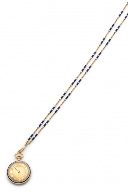 68.  Elegante reloj Lepine con cadena, de pp s. XX en oro de 18K y esmalte azul cobalto