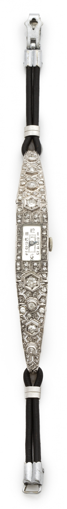 199.  Reloj Art-Decó de brillantes y platino con pulsera de piel.
