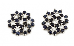 699.  Pendientes rosetones de brillantes y zafiros que componen flores en montura de platino.
