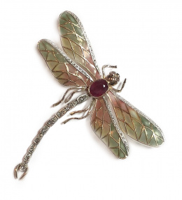 409.  Broche libélula estilo Art- Decó con esmalte plique-à -jour en tonos verdes y rosados en las alas, y diamantes en cuerpo y borde superior de las alas