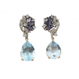 707.  Pendientes con aguamarinas de talla gota que penden de abanicos de zafiros navette, aguamarinas y brillantes