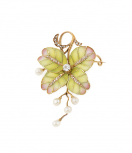 774.  Broche colgante flor Art Nouveau de esmalte plique-à-jour de tonos verdes y rosados