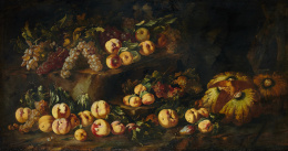 347.  MICHELE PACE DEL CAMPIDOGLIO, llamado MICHELANGELO DEL CAMPIDOGLIO (Rome, 1625 - h. 1670)“Pareja de bodegones con melones, melocotones, peras y uvas sobre un paisaje”.