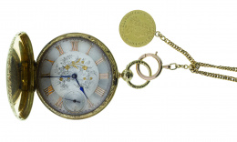 802.  Reloj saboneta S. XIX en oro de 18K con leontina y moneda colgante. 7328 3509