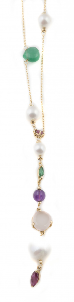 367.  Collar con crisoprasas, citrinos,rubíes perlas y amatista combinados con cadena fina en oro amarillo de 18K