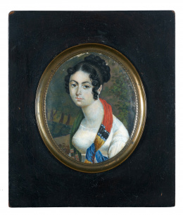 811.  ESCUELA FRANCESA, PP. SIGLO XIXRetrato de dama en un paisaje.