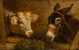 699.  ANTONIO MILONE (1843-1920)Vaca y burro en el establo