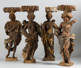 1132.  Cuatro cariátides en madera tallado estucado, policromado y dorado;  representan a Baco, Apolo, Diana y Ceres.S.XVII.