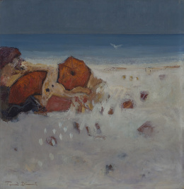 898.  TONI DIONÍS (Pollença, 1945)Playa con sombrillas rojas.