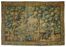 1129.  Tapiz “Verdure,” de lana y seda con dos garzas, un paisaje agreste y una arquitecturas en el fondo.Francia S. XVII.