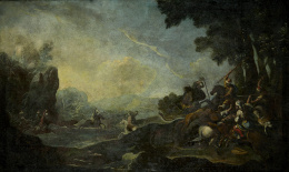 855.  ESCUELA MALLORQUINA, SIGLO XIX“”Batalla naval” y “Caza del león”..