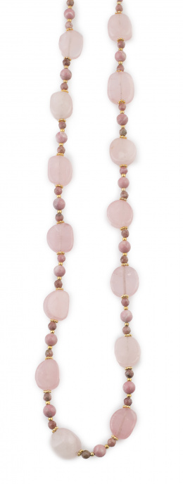 213.  Conjunto de collar y pendientes en cuarzo rosa y rodonita alternos