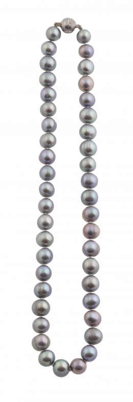 696.  Collar de un hilo de perlas grises de agua dulce  con cierre de bola en plata.