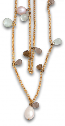 63.  Collar de cuarzos citrinos y verdes facetados con perlas colgantes de cadena de plata chapada.