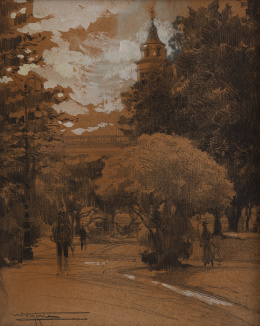 746.  ESCUELA ESPAÑOLA, SIGLO XIXEn el parque con Iglesia al fondo