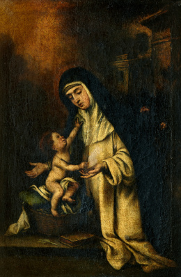 391.  COPIA DE MURILLO (Escuela española, ffs. S. XVII)Santa Rosa de Lima con Niño Jesús