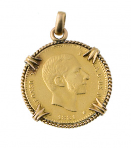 673.  Colgante con moneda de 25 ptas de Alfonso XIII de 1881 en marco con garras sin soldar