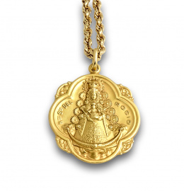 742.  Colar con medalla colgante de Virgen de Rocío y cordón trenzado en oro de 18K.