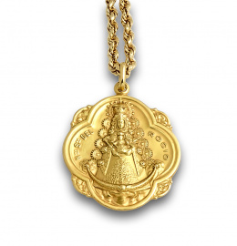 742.  Colar con medalla colgante de Virgen de Rocío y cordón trenzado en oro de 18K.