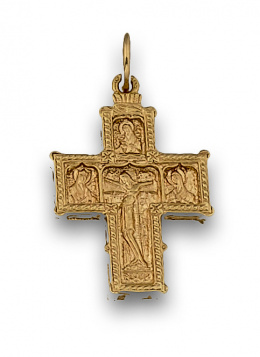 137.  Cruz colgante en oro de 18K con motivos siguiendo estilo gótico en relieve.