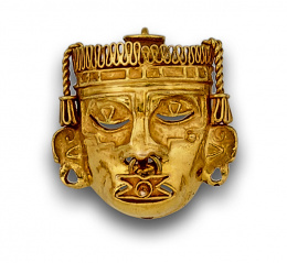 164.  Broche colgante con diseño de máscara azteca en oro de 18K.