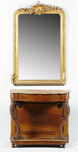 1196.  Consola isabelina en madera de caoba tallada con tapa en mármol del S. XVIII.Soporte, h. 1840. .
