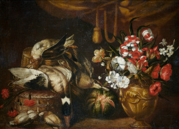 482.  ESCUELA ITALIANA, H. 1700Bodegón de caza muerta con jarrón de bronce con flores en un paisaje.