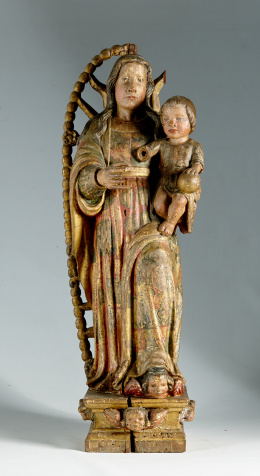 1133.  Virgen del Rosario con el niño Jesús, escultura en madera tallada, policromada, estofada y dorada.S. XVI.