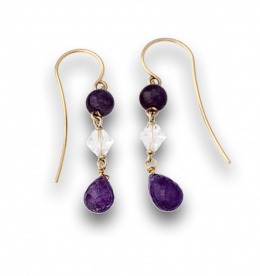 657.  Pendientes largos de  amatistas y cristal de roca en oro de 18K