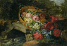 768.  MIGUEL PARRA ABRIL (Valencia, 1780- Madrid, 1846)Cesta de flores con fuente sobre un paisaje y cesta de flores sobre un riachuelo..