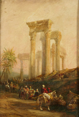235.  GENARO PÉREZ DE VILLAAMIL (1807-1854)Personajes orientales sobre un paisaje con ruinas..