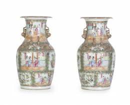 760.  Pareja de jarrones en porcelana de la “Familia Rosa”.China, Cantón, ff. S. XIX