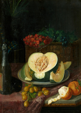 327.  JOSÉ FELIPE PARRA (Valencia, 1824 - ?)Bodegón de melón, fresas, naranjas y botellas de champagne..