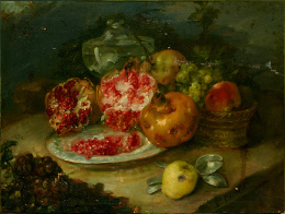 1219.  VICENTE CASTELLÓ Y AMAT (1787-1860)Bodegón con granadas y otras frutas en un paisaje..