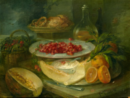 1222.  VICENTE CASTELLÓ Y AMAT (1787-1860)Bodegón con fresas con nata y melón..