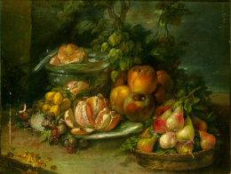 1221.  VICENTE CASTELLÓ Y AMAT (1787-1860)Bodegón con naranjas, peras y otras frutas..