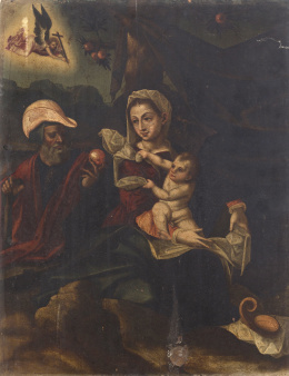 1129.  ESCUELA ESPAÑOLA, SIGLO XVISagrada Familia con ángel portando una cruz.