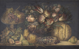 1228.  ESCUELA ESPAÑOLA, SIGLO XIXBodegón con florero, frutero y calabaza sobre una repisa de piedra.