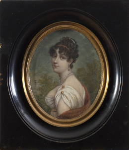 1104.  ROLLEN (Escuela centroeuropea, siglo XIX)Retrato de dama con tocado y colla de perlas y vestido Imperio.