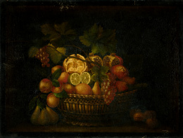 816.  ESCUELA ESPAÑOLA, SIGLO XIXBodegón de granadas, uvas, limones y otras frutas en un cesto, en un óvalo fingido..