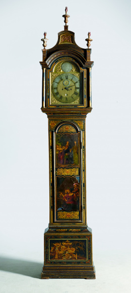 409.  Robert Higgs, London, h. 1785.Grandfather de caja alta lacado en verde con decoración de chinerías y aplicaciones de época posterior.Firmado en la esfera. “Robert Higgs, London”