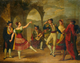 168.  ESCUELA ANDALUZA, PRIMER CUARTO DEL SIGLO XIX“Baile de toreros y majas”..