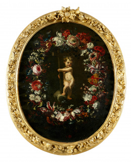 935.  ATRIBUIDO A MARIO NUZZI llamado MARIO DEI FIORI (1603-1673)Guirnalda de flores con Cristo Niño..