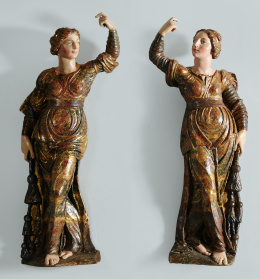 924.  Pareja de esculturas manieristas, de medio cuerpo, estucadas doradas y policromada.ff.S.XVI.