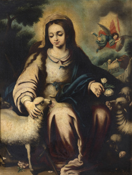 515.  PEDRO GARCÍA PALUZO (Escuela colonial?, siglo XVIII)Divina Pastora con arcángel san Miguel al fondo.