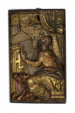 1424.  “San Lucas Evangelista”Relieve en madera tallada, policromada, dorada y estofada.Escuela Castellana, S. XVI.