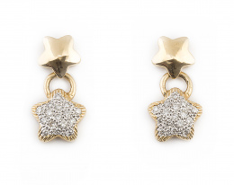 302.  Pendientes largos con estrella de pavé de brillantes que pende de estrella de oro amarillo liso 